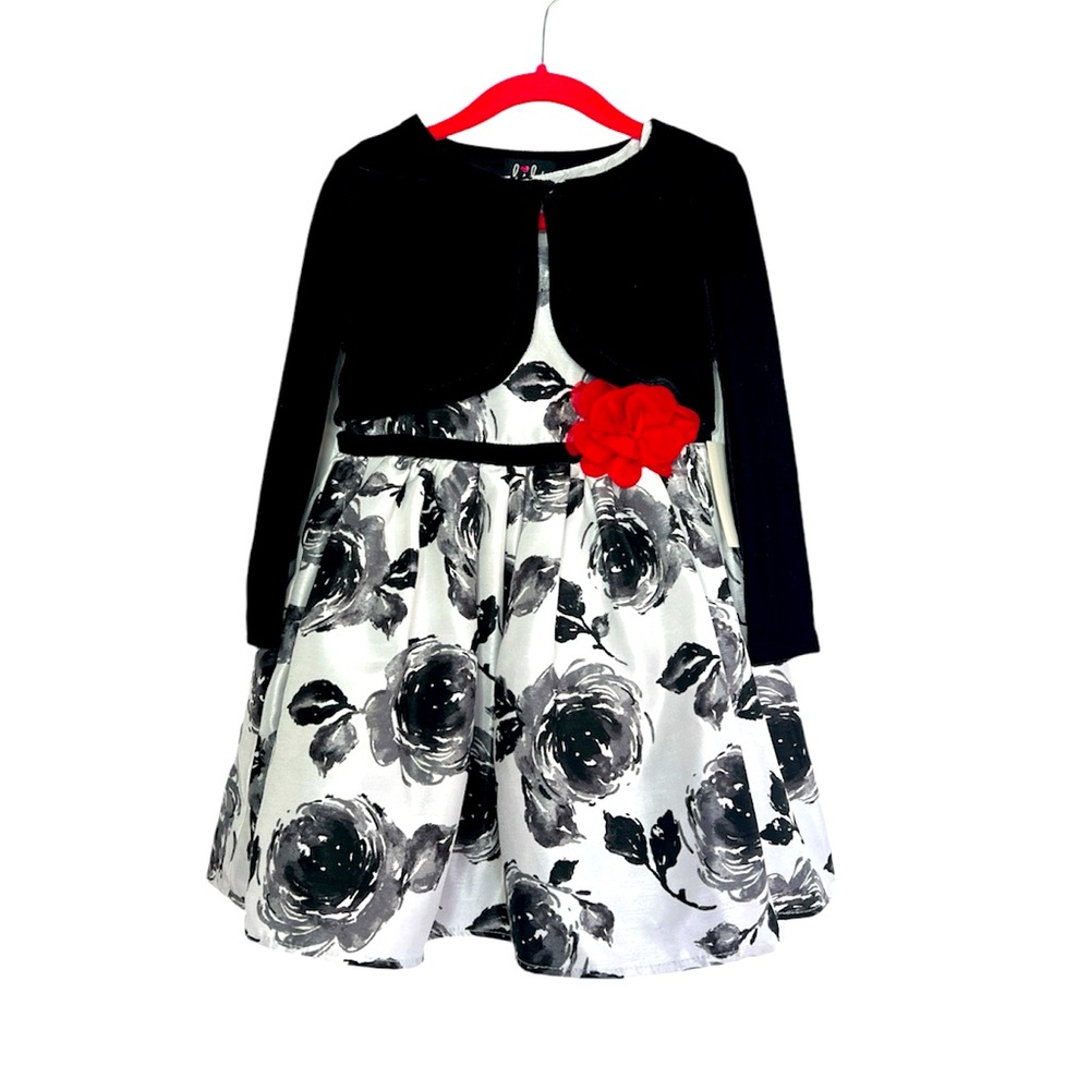 NWT LILT Girls Black White Floral Formal Holiday Dress & Cover Size 4